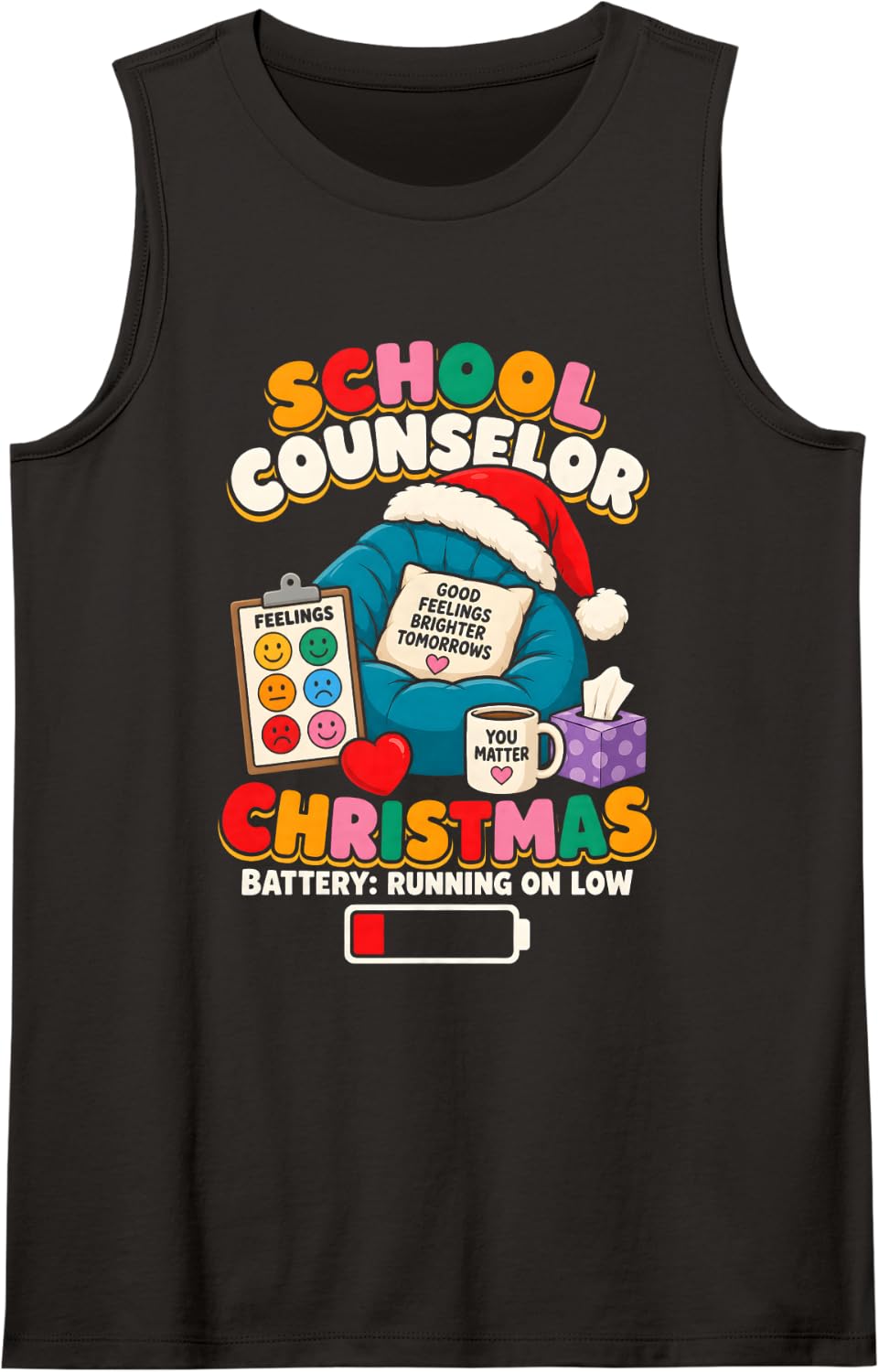 School Counselor Christmas Battery Running On Low Funny Sleeveless Tank Top - Black