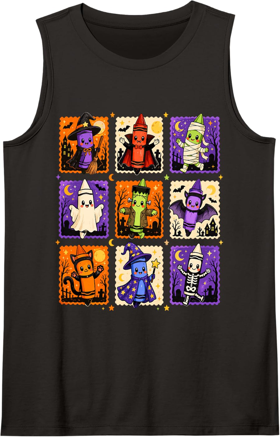 Cute Halloween Crayon Characters for Back to School Teacher Sleeveless Tank Top - Black