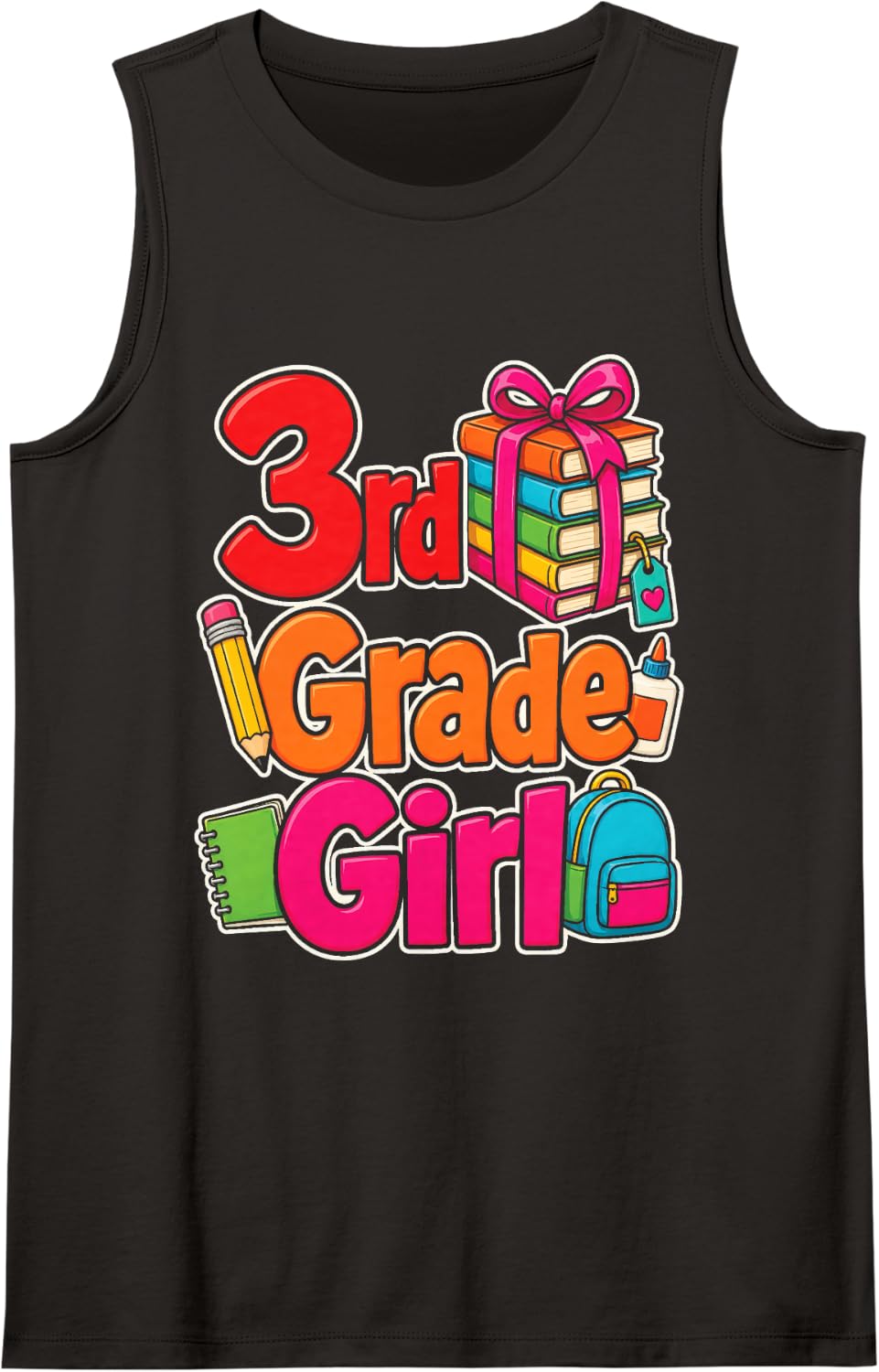 3rd Grade Girl First Day Backpack Book Stack Bows Sleeveless Tank Top - Black