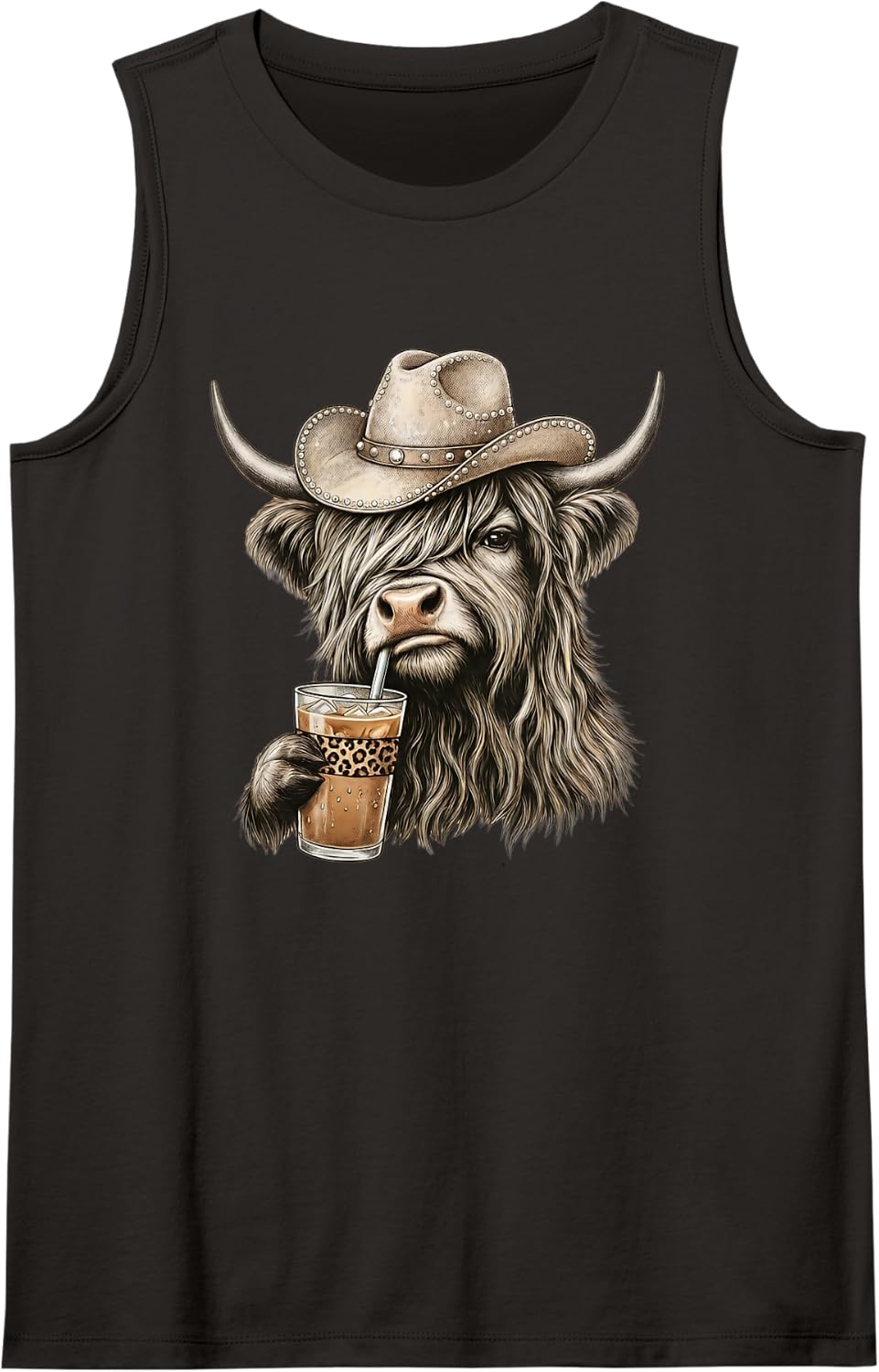 Scottish Highland Cow Iced Coffee Leopard Western Cowgirl Sleeveless Tank Top - Black