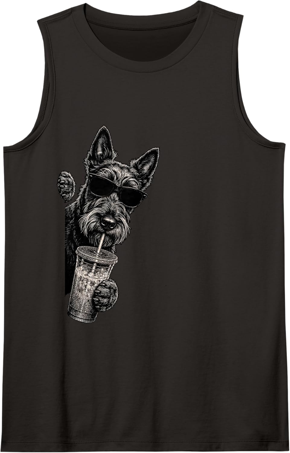 Scottish Terrier Dog Peeking Drinking Iced Coffee Humor Sleeveless Tank Top - Black