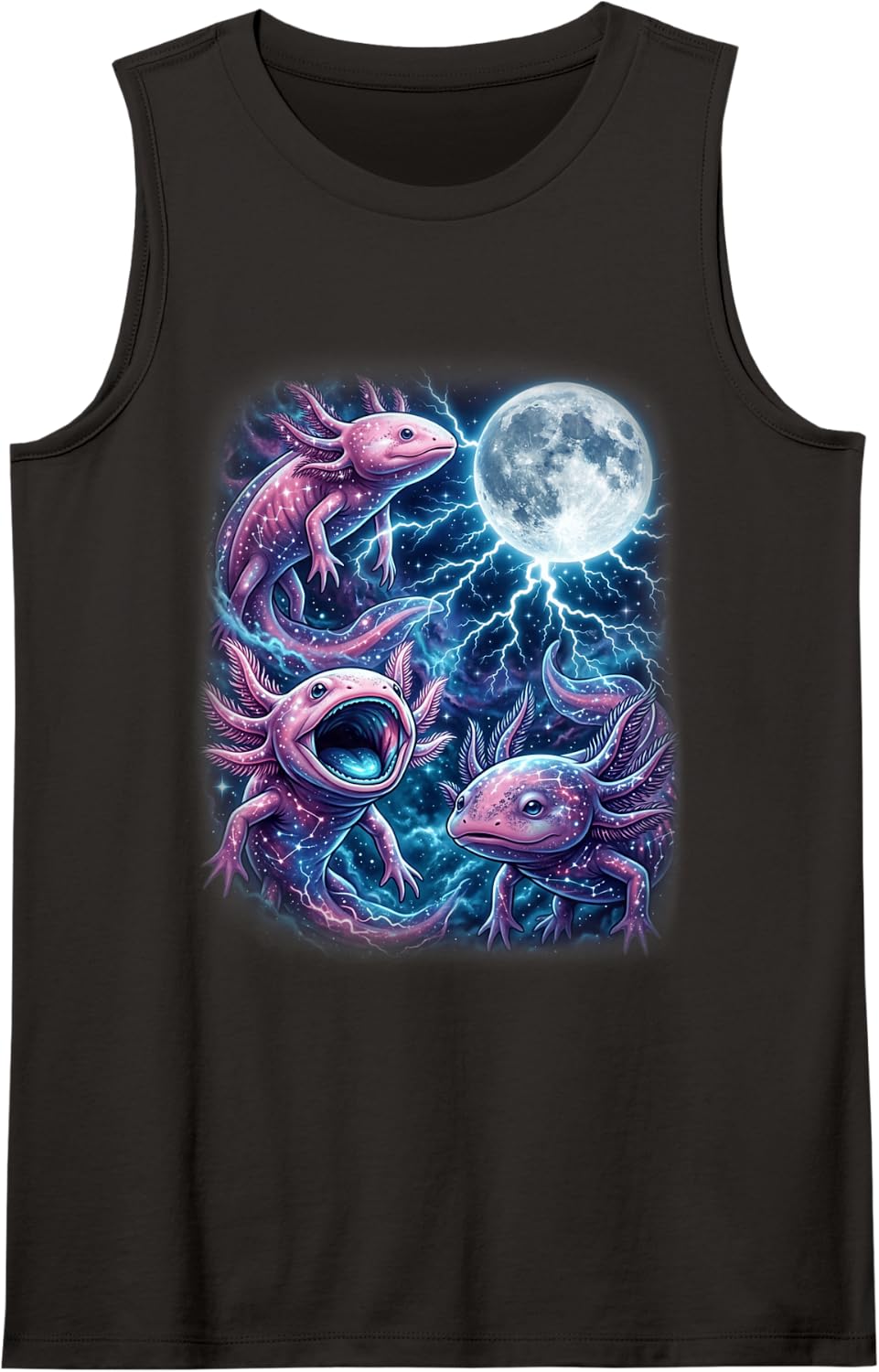 Majestic Three Axolotl Moon Salamander Fantasy Design Tank Top - Black