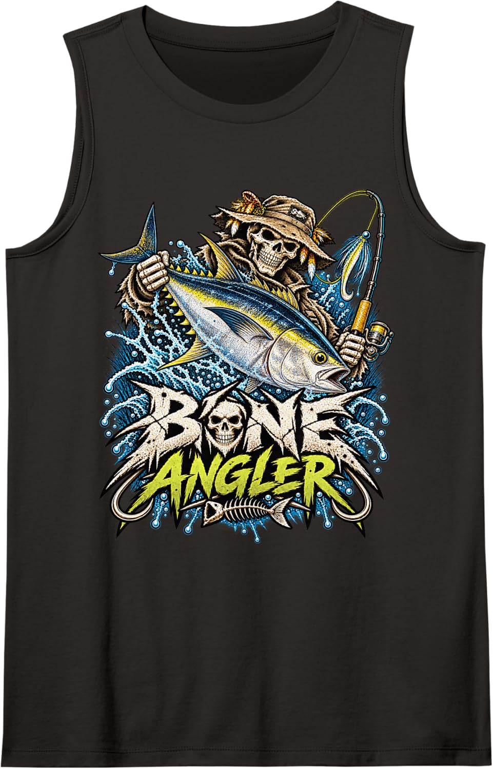 Skeleton Tuna Fish Fishing Grunge Sleeveless Tank Top - Black