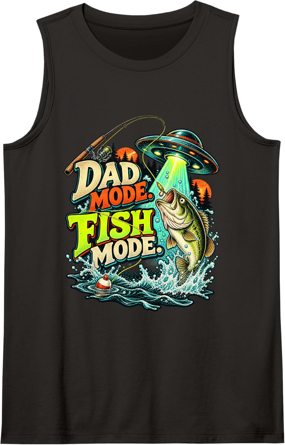 Dad Mode Fish Mode Funny Fishing UFO Bass Angler Sleeveless Tank Top - Black