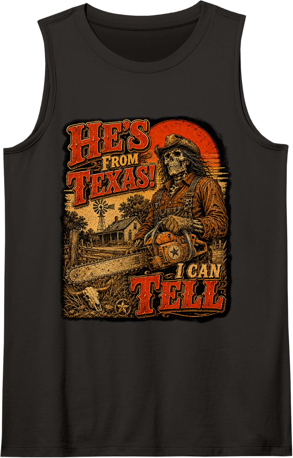 Hes from Texas I can Tell Retro Texas Western Skeleton Sleeveless Tank Top - Black