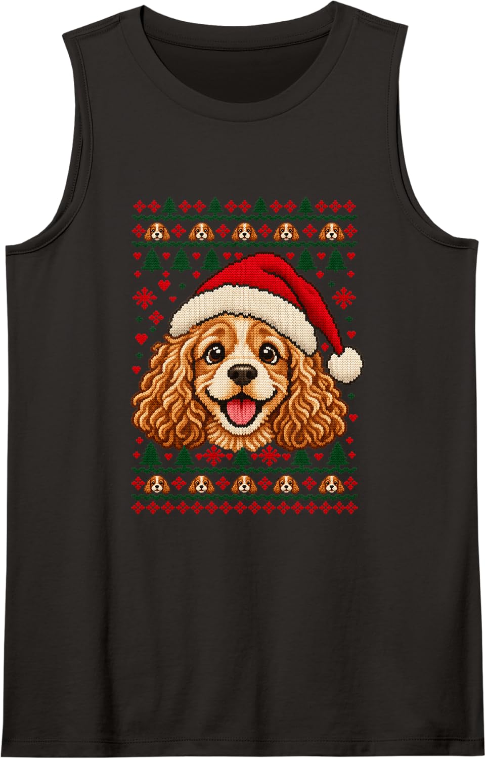 Happy Cocker Spaniel Christmas Dog Santa Hat Ugly Sweater Sleeveless Tank Top - Black