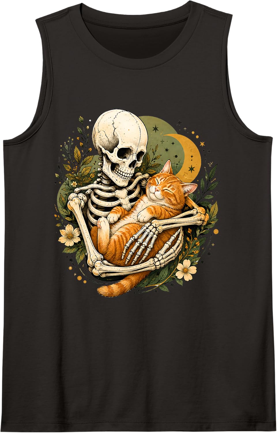 Floral Skeleton Hugging Cat Halloween Cat Lover Cat Mom Dad Tank Top - Black