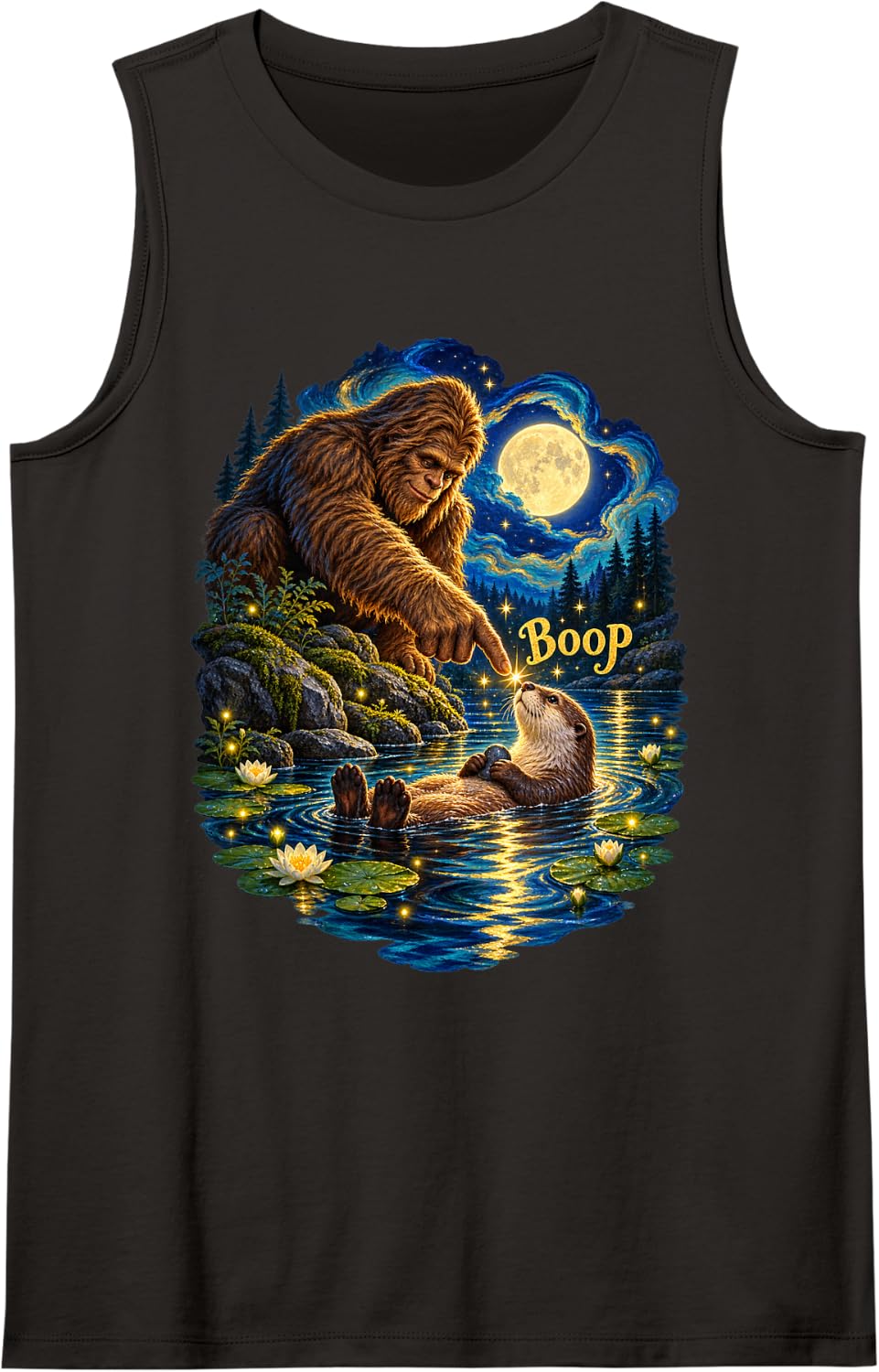 Bigfoot Boop Otter Starry Night Sasquatch Cryptid Full Moon Sleeveless Tank Top - Black