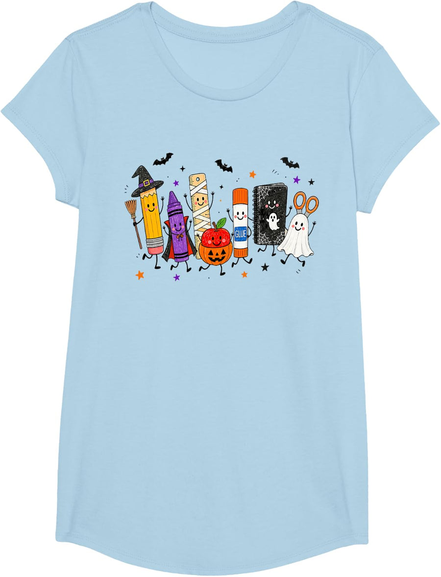 Spooky School Supplies Halloween Teacher Student Ghost Squad T-Shirt - Girls Baby Blue