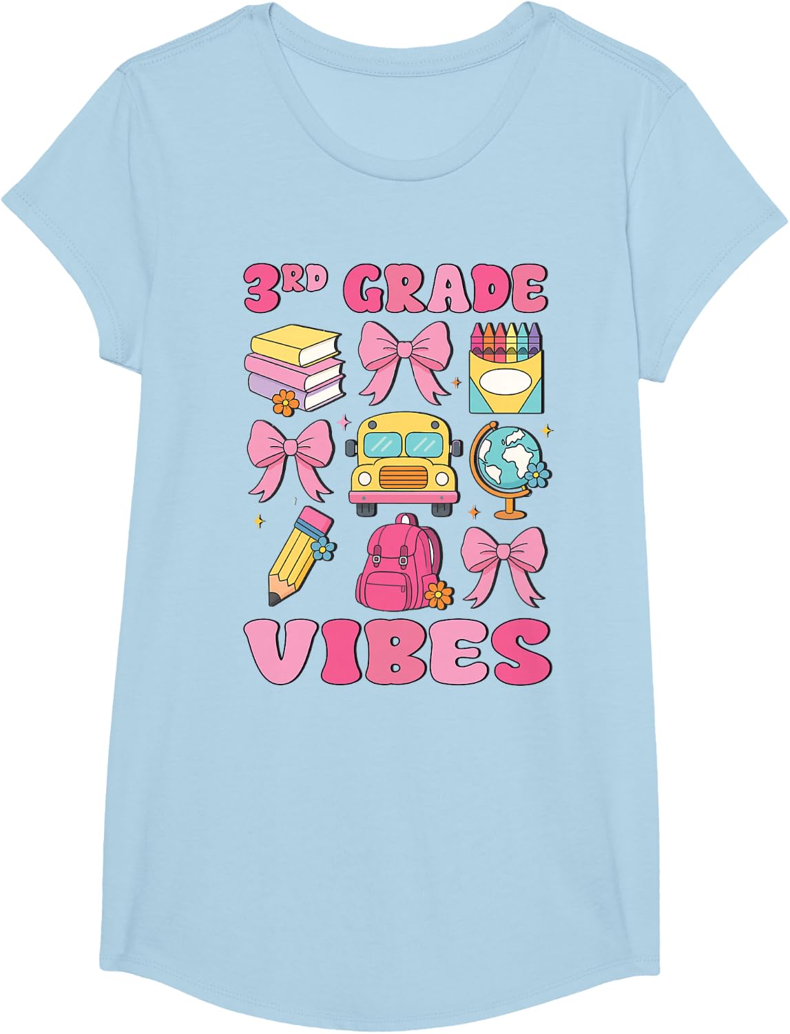 Girls 3rd Grade Vibes Coquette Bow Back to School Teacher T-Shirt - Girls Baby Blue