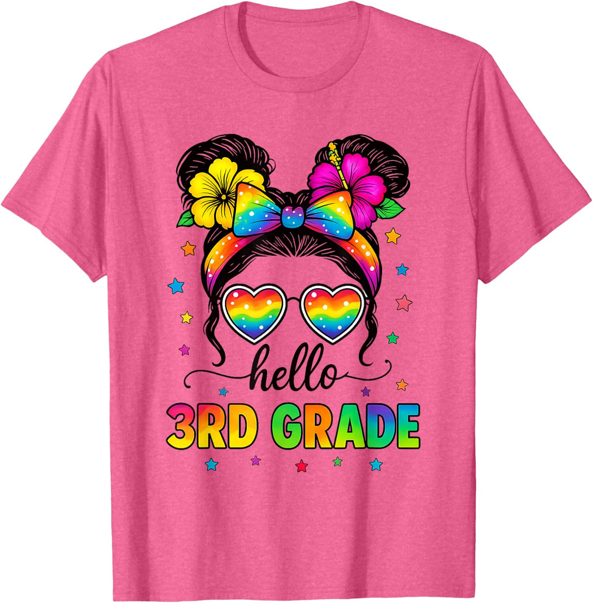 Hello 3rd Grade Messy Bun First Day of School Outfits Girls T-Shirt - Pink Heather