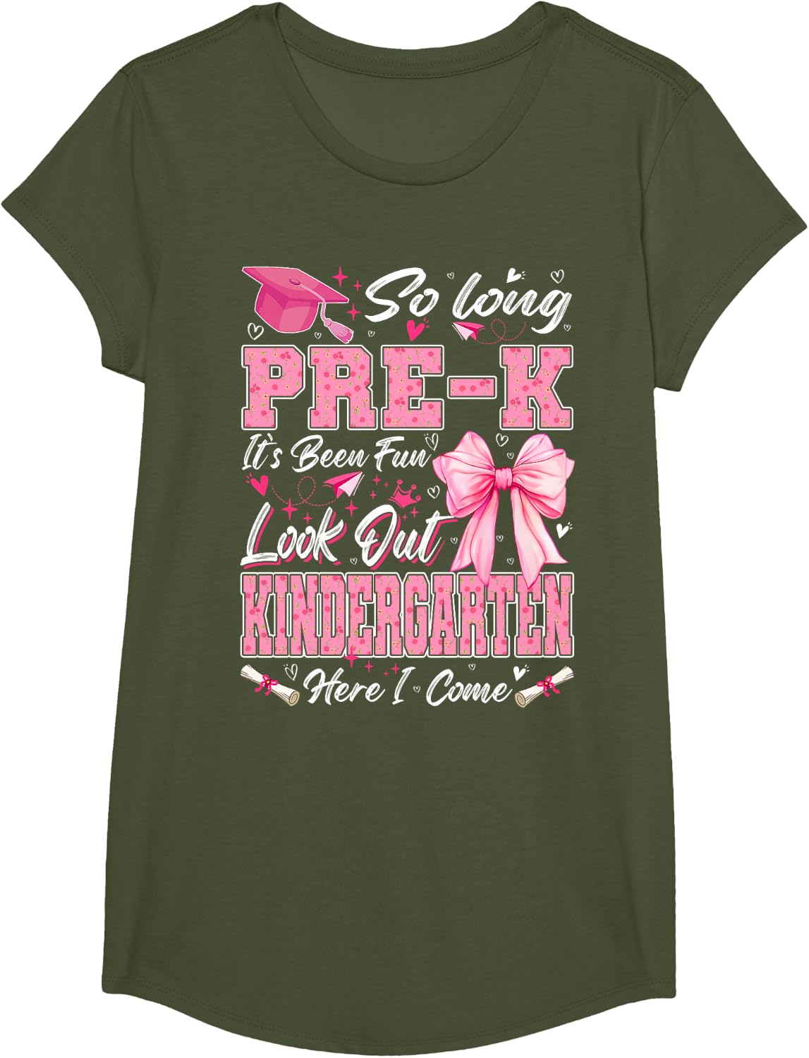 So Long Pre-K Graduation Grad Teacher Kid Boy Girl Bow T-Shirt - Girls Olive Green