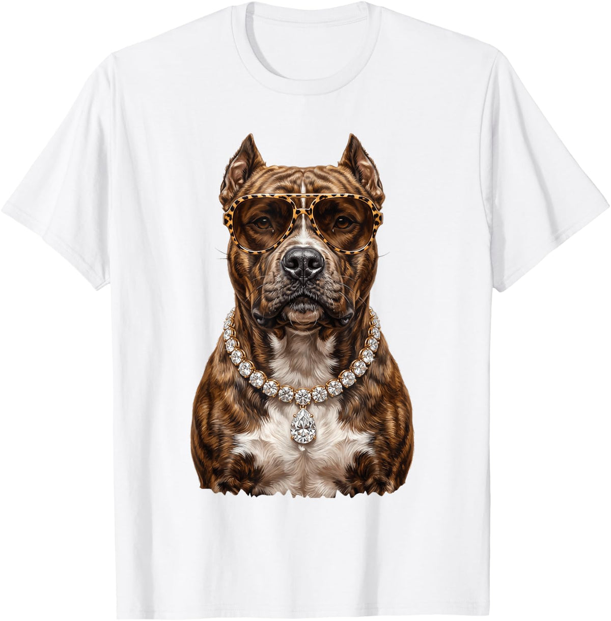 Cool Pitbull Sunglasses Chain Dog Art T-Shirt - White
