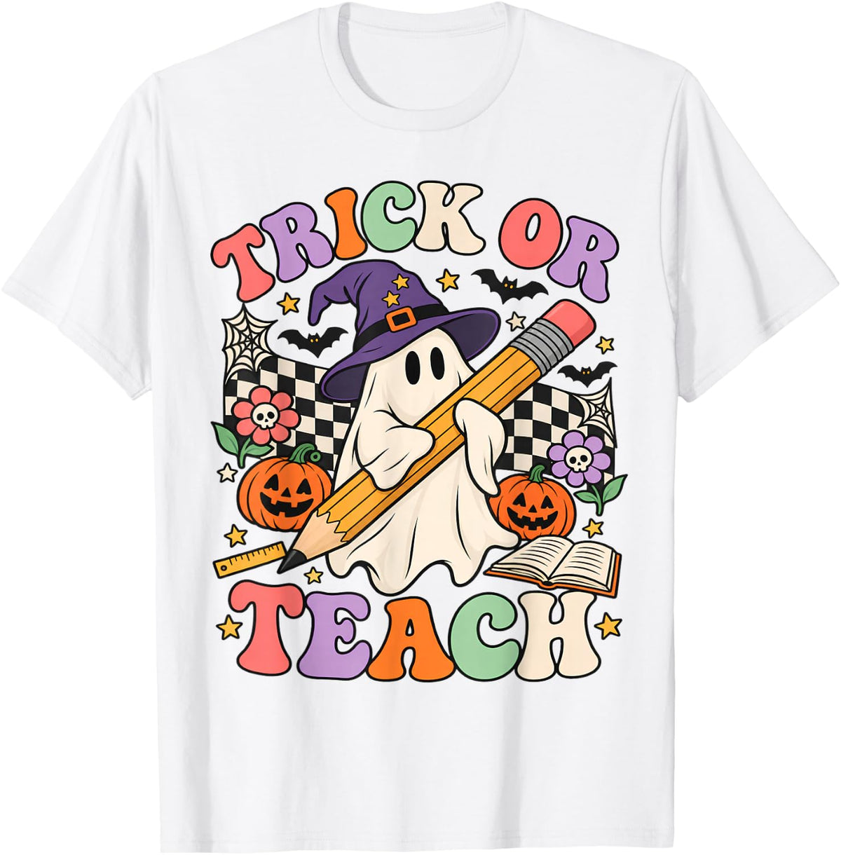 Trick Or Teach Groovy Teacher Halloween Retro Ghost Vintage T-Shirt - White