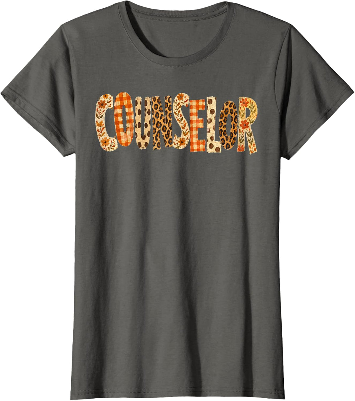 Counselor Plaid Floral Leopard Fall Thanksgiving Back School T-Shirt - Asphalt Grey
