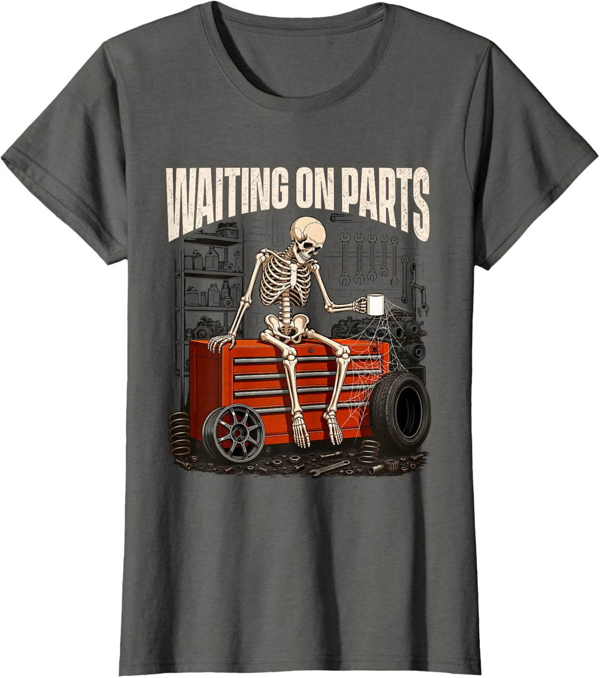 Waiting On Parts - Auto Mechanic Garage Life Car Guy T-Shirt - Asphalt Grey