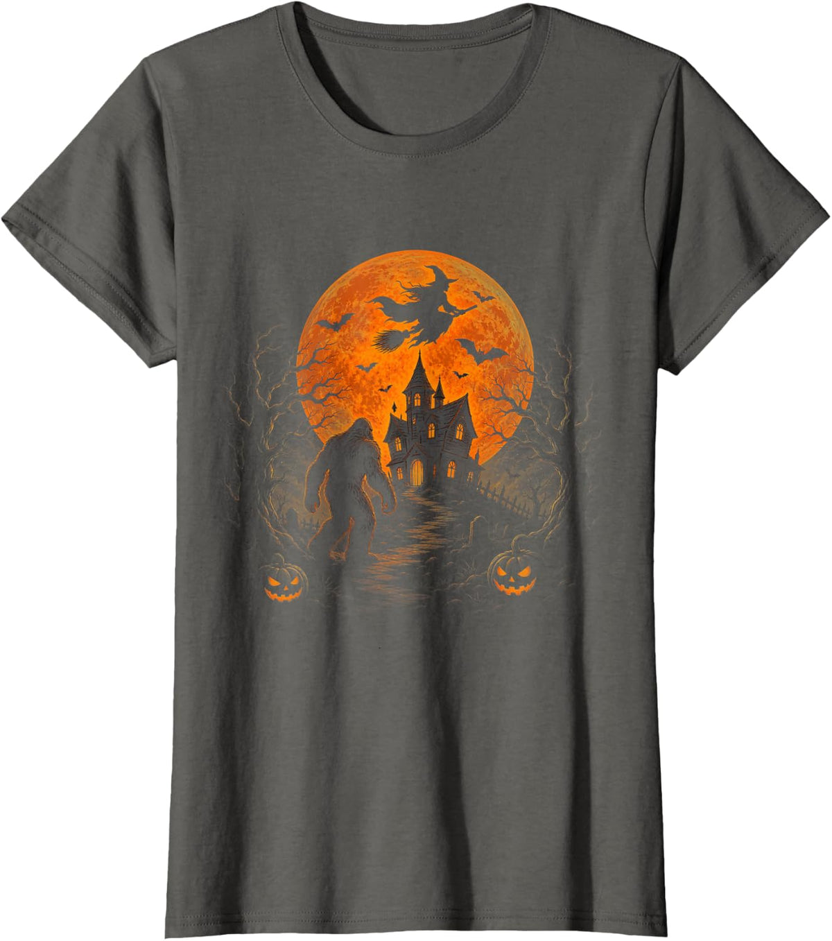 Bigfoot Halloween Moon Bats Pumpkin Spooky Forest T-Shirt - Asphalt Grey