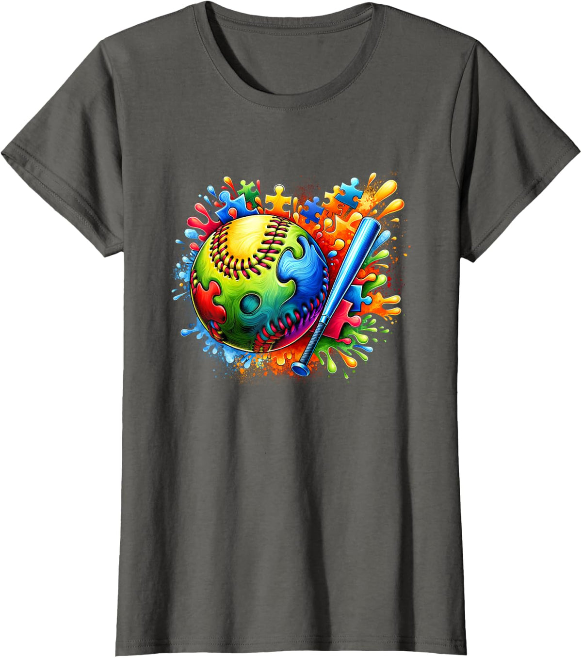 Colorful Softball Autism Awareness Autistic T-Shirt - Asphalt Grey
