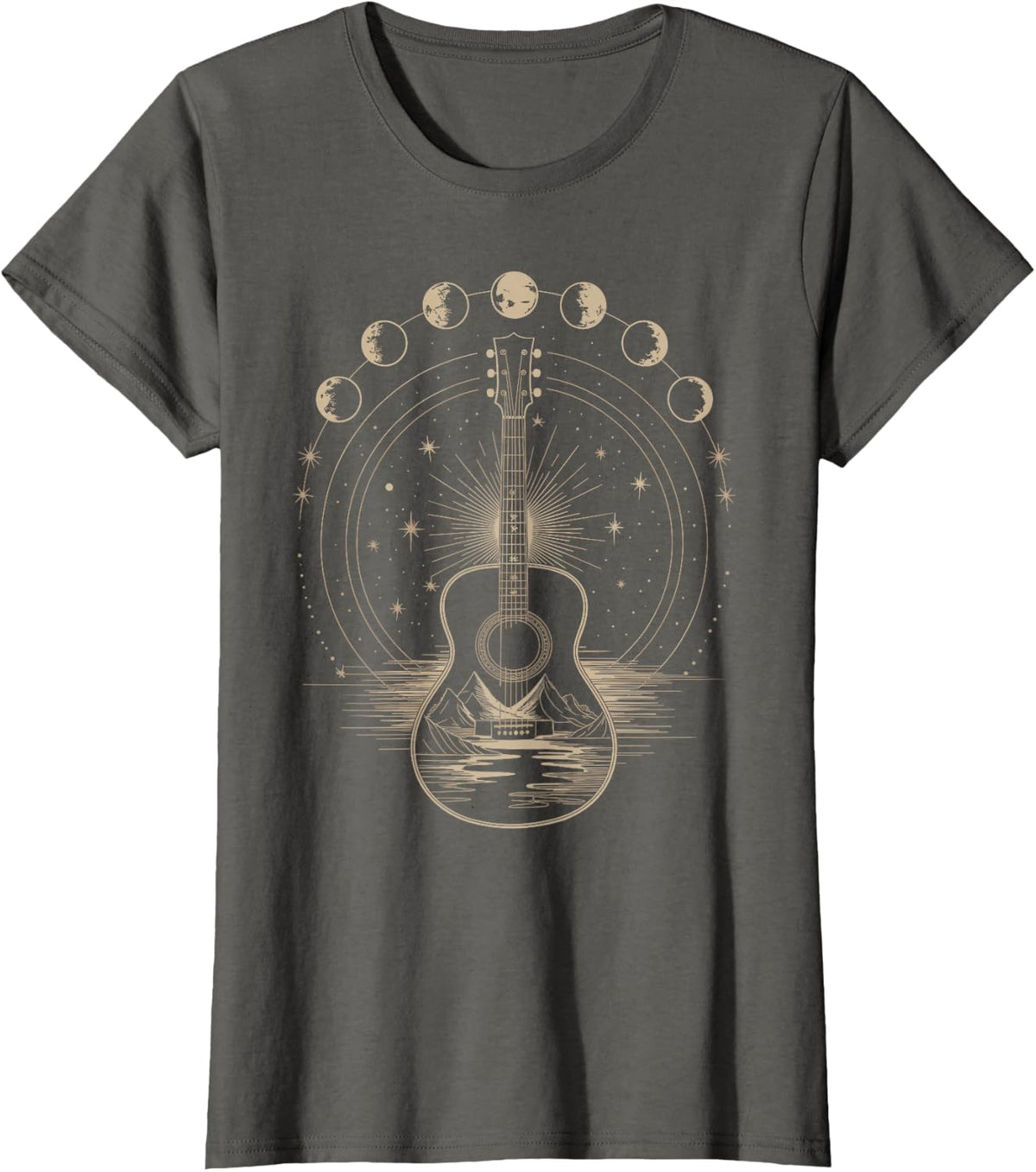 Acoustic Guitar Moon Phases Celestial Music T-Shirt - Asphalt Grey