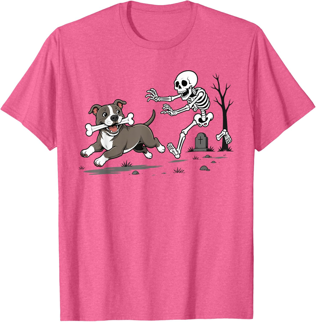 Funny Skeleton Chasing Pitbull Halloween Dog Spooky Season T-Shirt - Pink Heather
