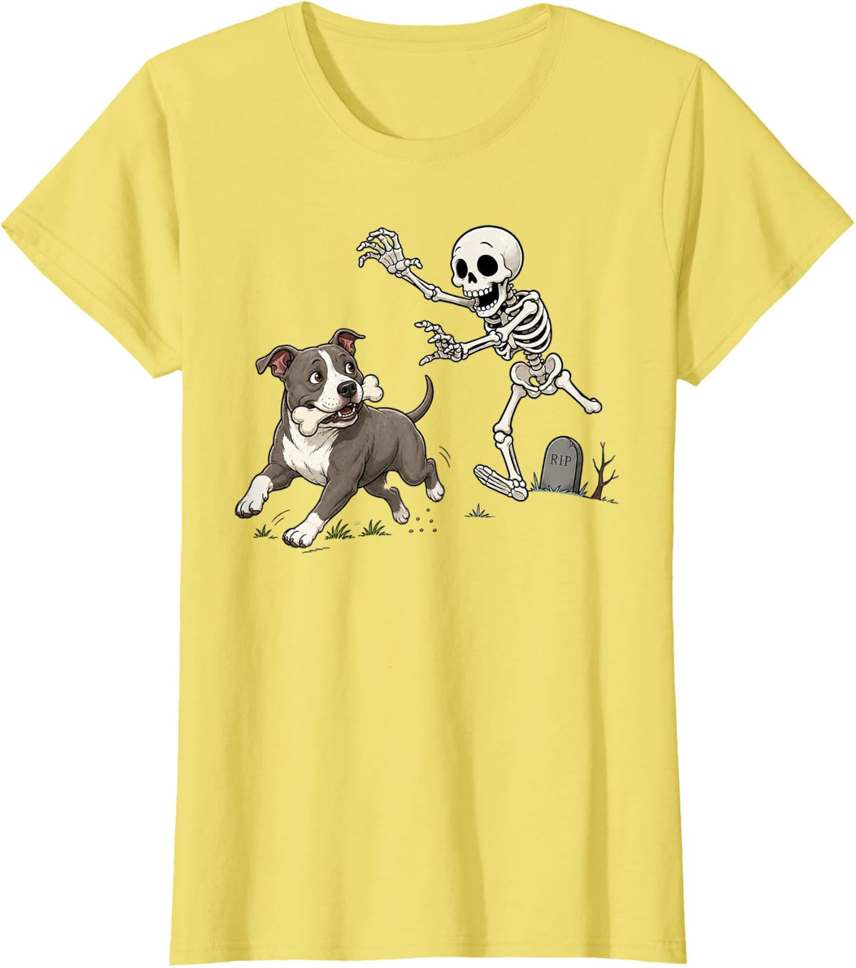 Halloween Pitbull Skeleton Chasing Dog Lover Spooky Season T-Shirt - Lemon Yellow