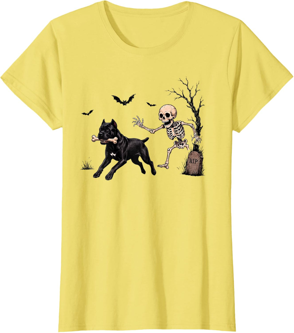 Skeleton Chasing Pitbull Dog Funny Skeleton Halloween T-Shirt - Lemon Yellow