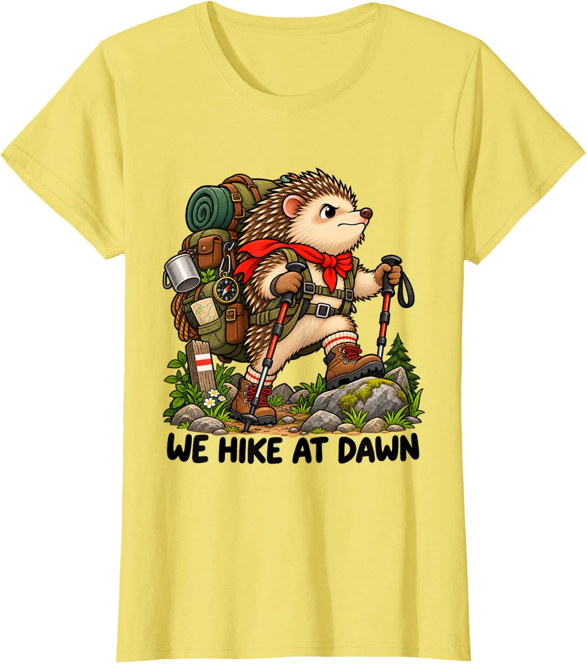 We Hike at Dawn Hedgehog Hiking Outdoor Explorer Nature Dad T-Shirt - Lemon Yellow