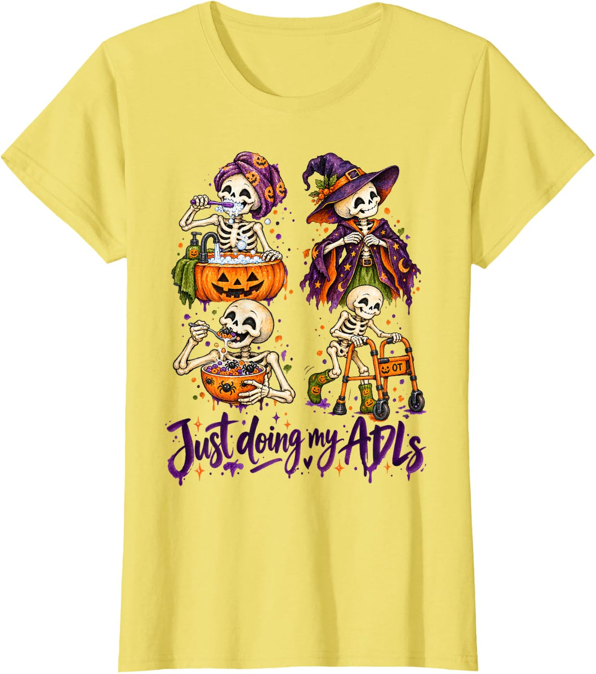 Just Doing My ADLs Skeleton Halloween OT Therapy T-Shirt - Lemon Yellow