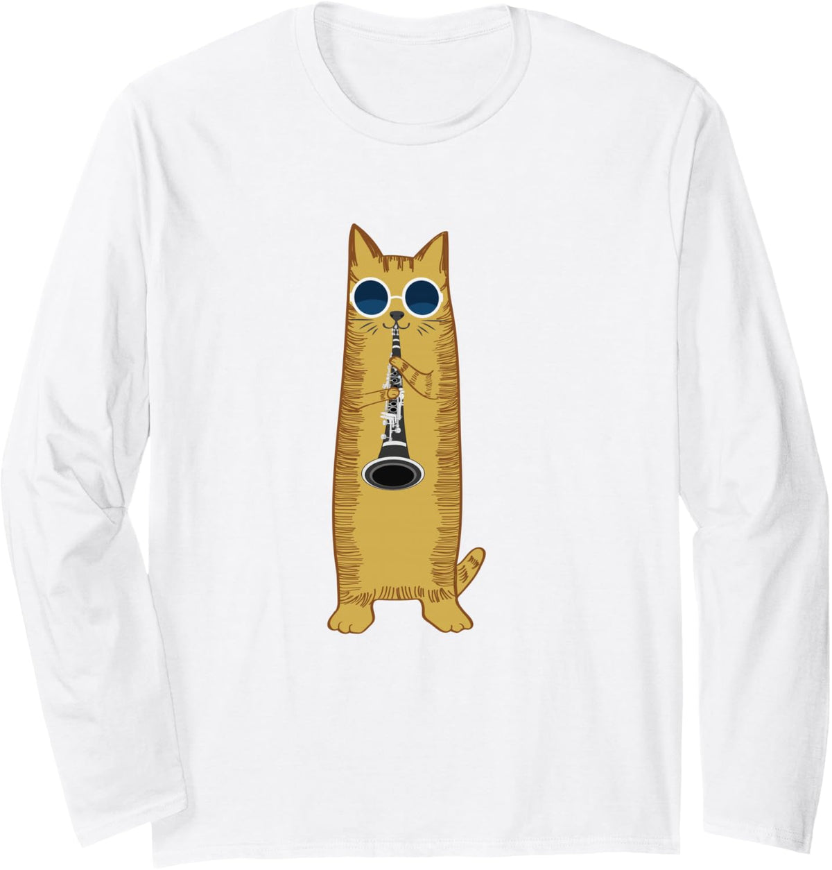 Cool Cat Playing The Clarinet Design Hippy Hipster Kitty Long Sleeve T-Shirt - Adult Unisex White