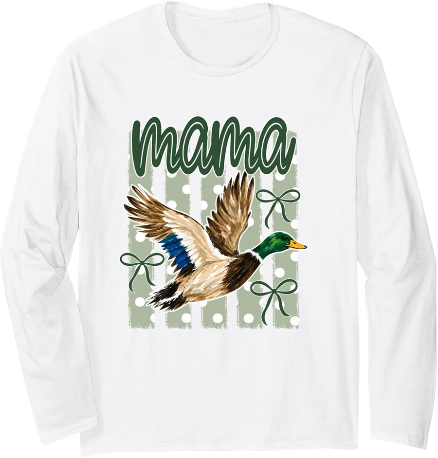 Polka Dots Striped Mallard Duck Mama, Hunting Camo Duck Mom Long Sleeve T-Shirt - Adult Unisex White