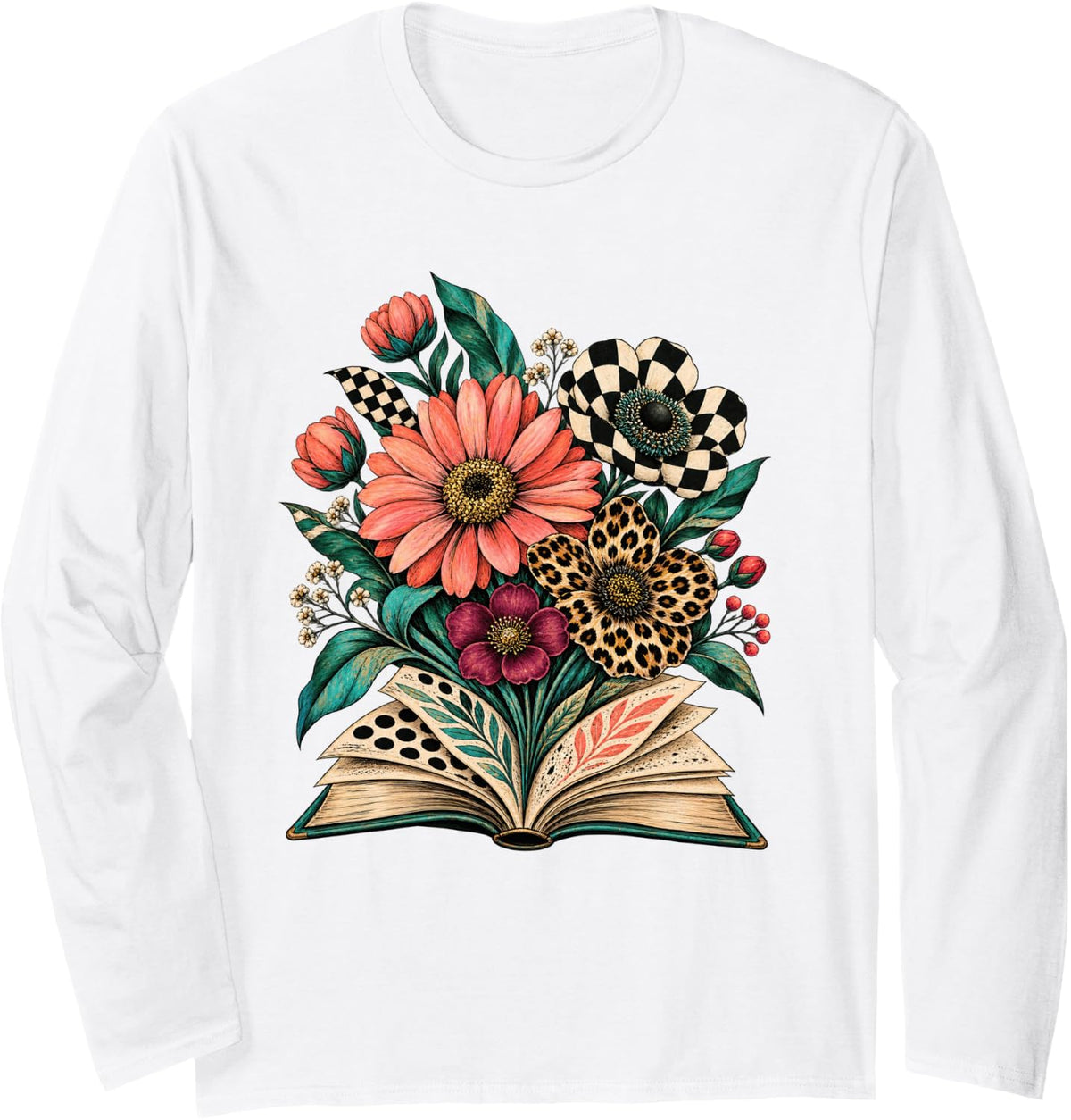 Floral Flowers Book Lover Librarian Teacher Long Sleeve T-Shirt - Adult Unisex White