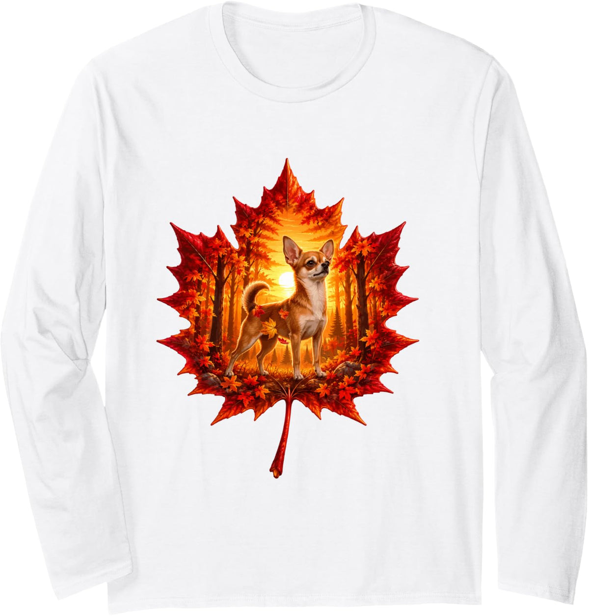 Fall Chihuahua with Maple Leaf and Autumn Forest Sunset Long Sleeve T-Shirt - Adult Unisex White
