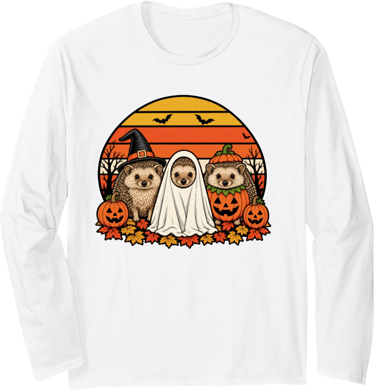 Spooky Hedgehog Pumpkin Ghost Halloween Long Sleeve T-Shirt - Adult Unisex White