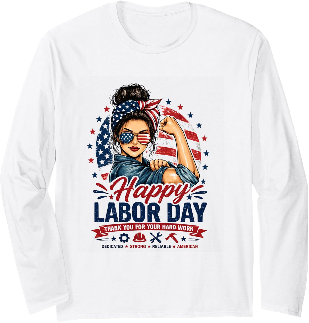 Patriotic Labor Day Woman Graphic Tee - American Pride Long Sleeve T-Shirt - Adult Unisex White