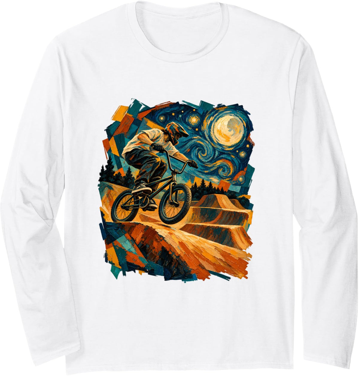 Starry Night BMX Dirt Jump Rider Freestyle Bike Tricks Long Sleeve T-Shirt - Adult Unisex White