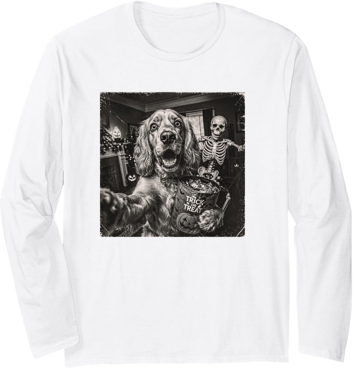 Halloween Cocker Spaniel Selfie Scary Skeleton Dog Lover Long Sleeve T-Shirt - Adult Unisex White