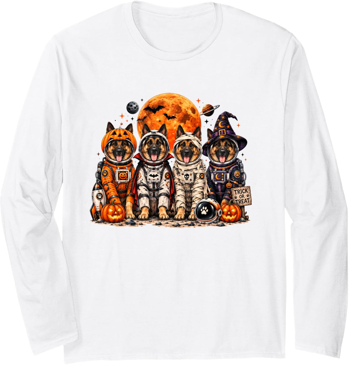 German Shepherd Astronaut Halloween Dog Costume Long Sleeve T-Shirt - Adult Unisex White