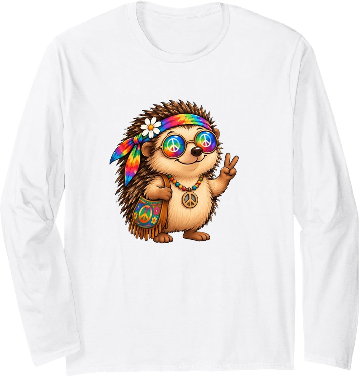 Hippie Hedgehog Long Sleeve T-Shirt - Adult Unisex White