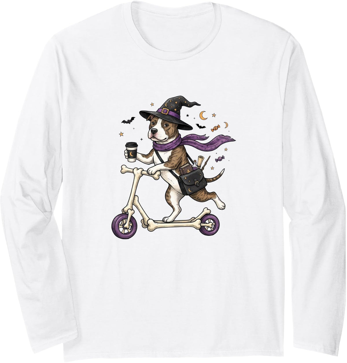 Pitbull Scooter Witch Halloween Kids Mens Womens Long Sleeve T-Shirt - Adult Unisex White