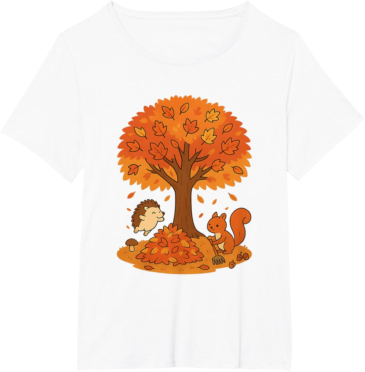 Cute Hedgehog Squirrel Fall Autumn Leaves Tree Leaf Pile T-Shirt - White