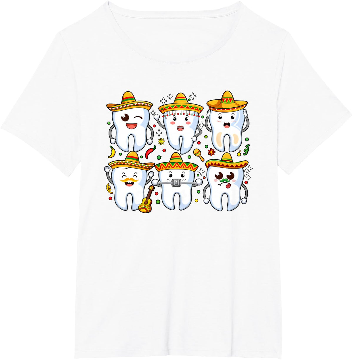 Mexican Tooth Characters Wearing Sombreros Celebrating Cinco T-Shirt - White