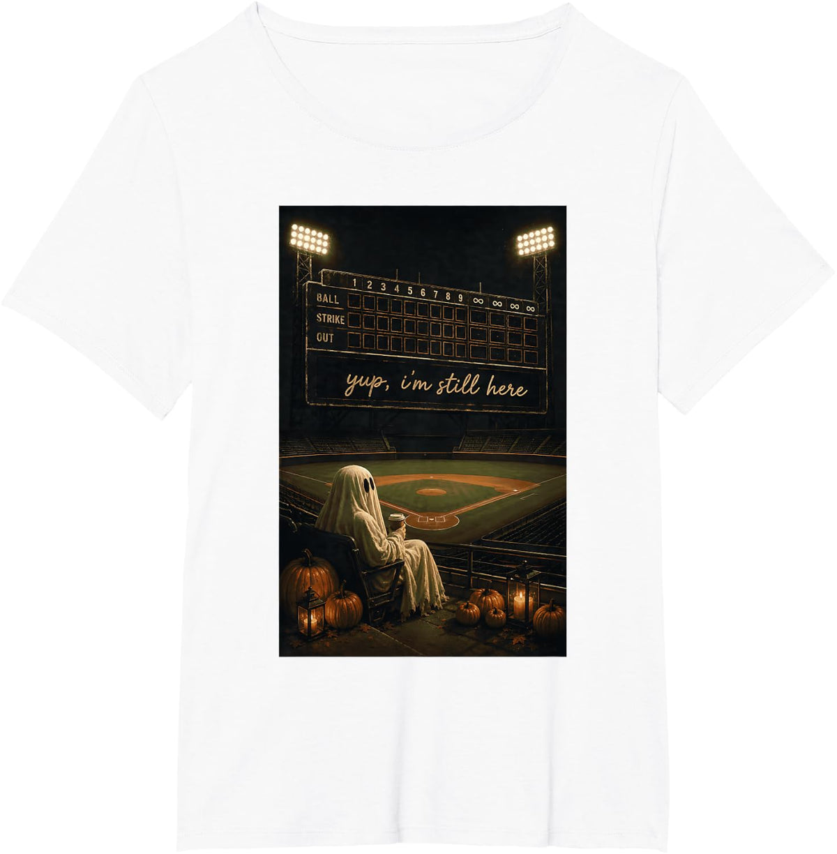 Yup I'm Still Here Ghost Sitting At Baseball Game Halloween T-Shirt - White