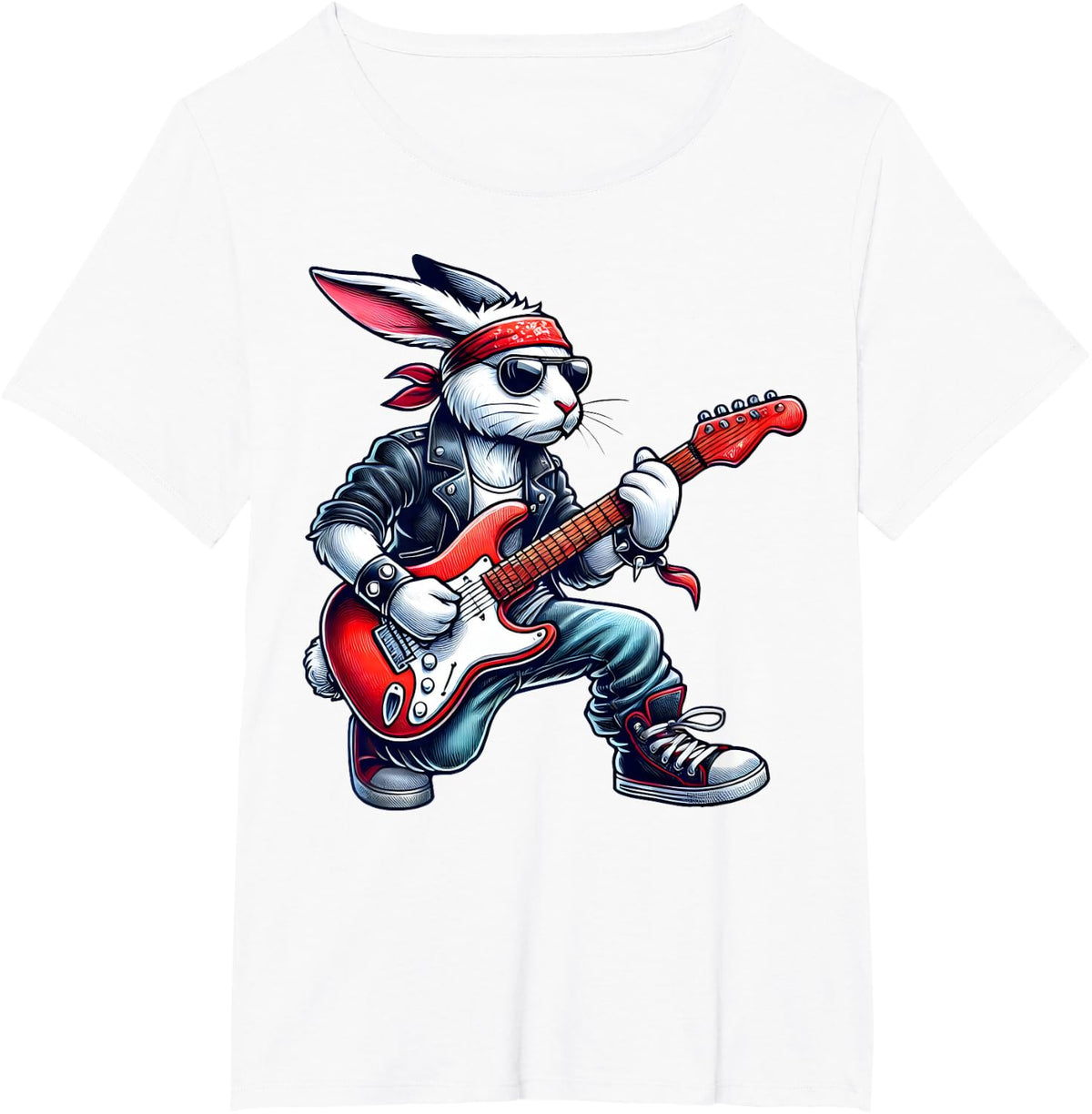 Cute Punk Rabbit Rock'n Roll Goth Guitar Rock Star T-Shirt - White