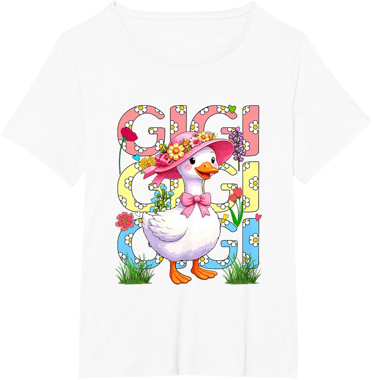 Gigi Colorful Floral Goose Bow Tie Tees T Shirts Mother's Day Farmer Gift - White