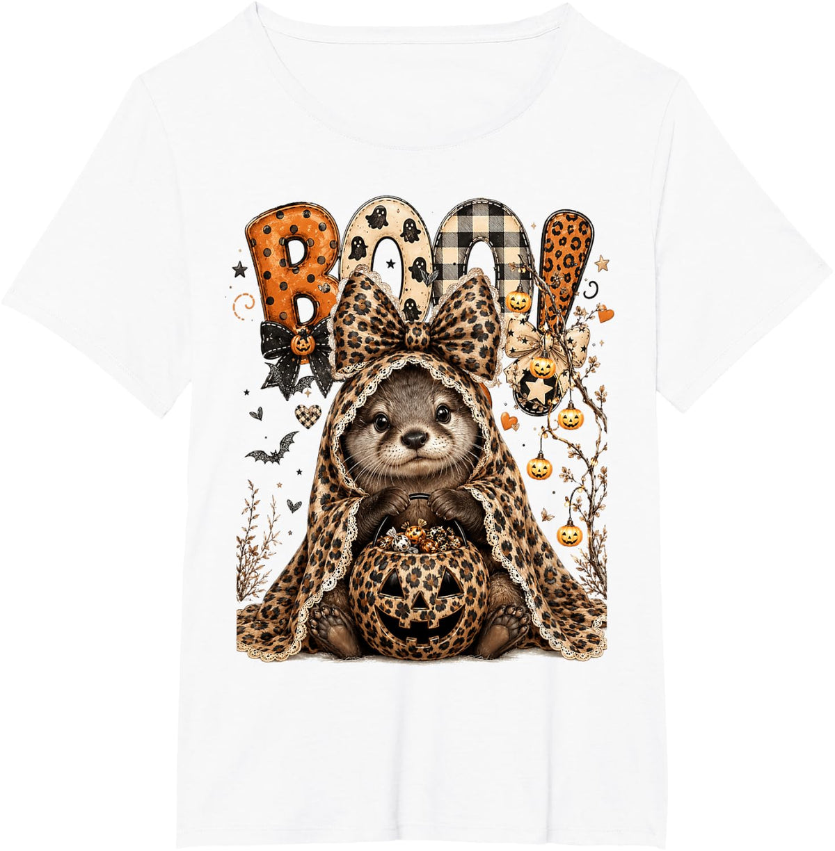 Boujee Ghost Otter Leopard Print Bow Halloween Tee T-Shirt - White