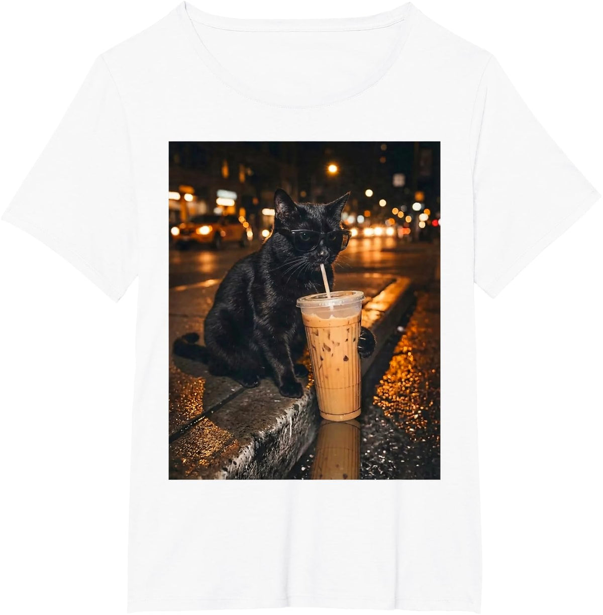 Black Cat Drinking Iced Coffee Funny Animal Lover Humor Meme T-Shirt - White