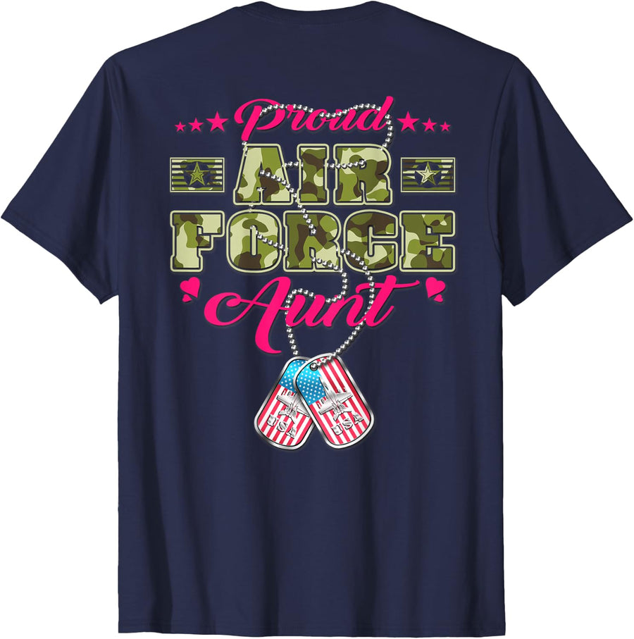 Proud Air Force Aunt - Camo US Flag Dog Tags Military Auntie T-Shirt for Men Women - Navy Blue