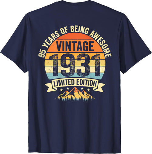 (ON Back) Vintage 95 Birthday Decorations Men 95yr 1931 95th T-Shirt - Navy Blue