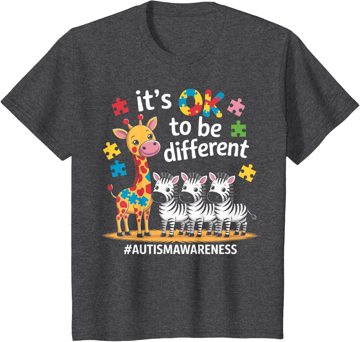Kids It's OK To Be Different Giraffe Autism Awareness T-Shirt - Dark Heather Grey
