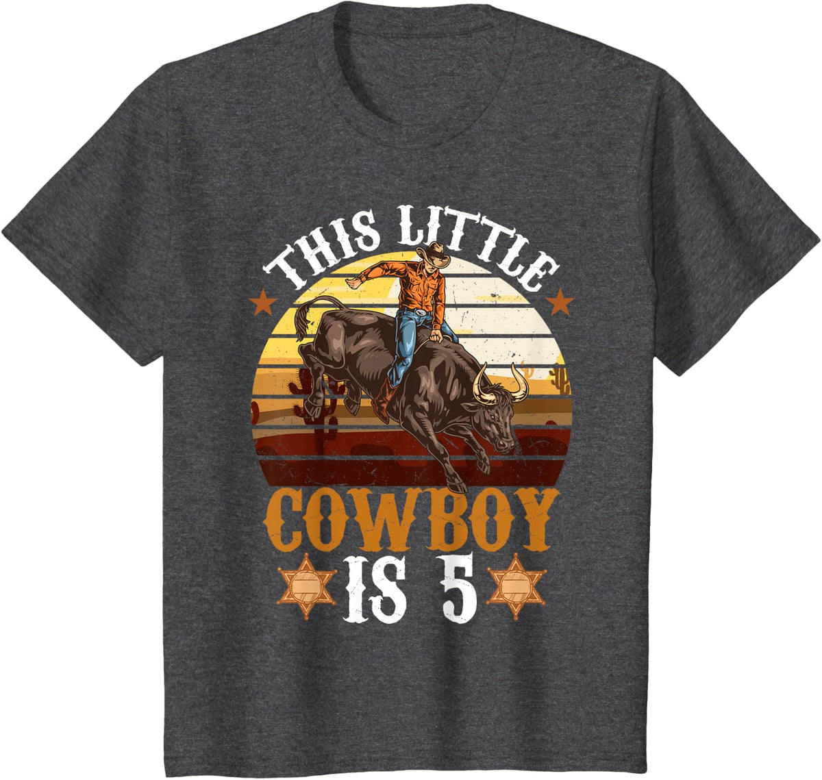 Bull Riding 5th Birthday 5 Years Old Cowboy Western Rodeo T-Shirt Tee for Boys Girls - Dark Heather Grey